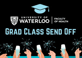Grad class send off banner, where hands are holding champagne glasses and fireworks.