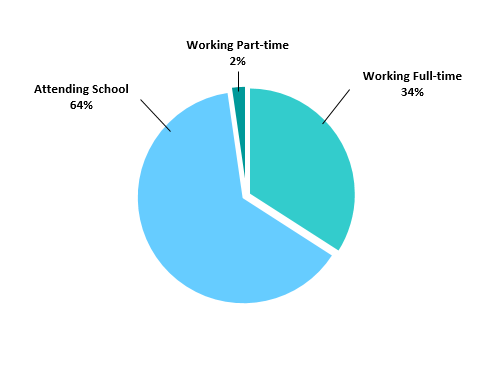 64% Attending School, 2% Working Part-time, 34% Working Full Time 