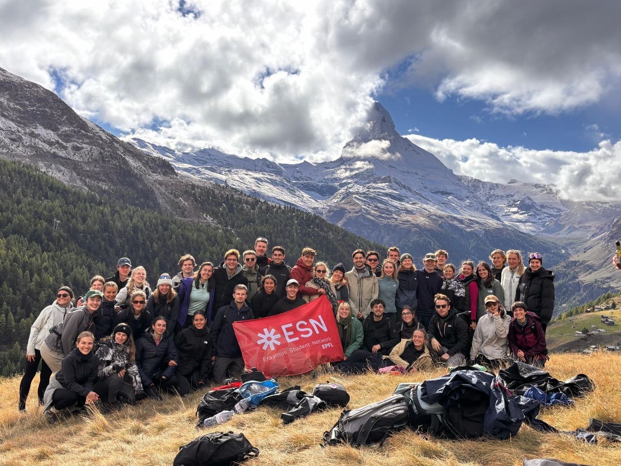 A group photo with ESN in Zermatt, with the iconic Matterhorn in the background—the mountain featured on Toblerone!