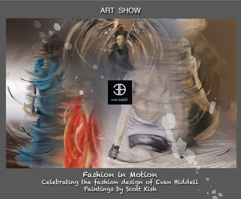 Art show poster with abstract painting of human figures in motion wearing brightly coloured flowing fabric