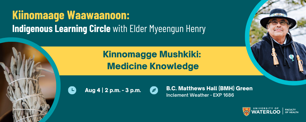 Kinnomaage Waawaanoon: Indigenous Learning Circle with insets of Elder Myeengun Henry and bundles of white sage