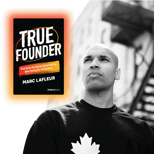 Marc Lafleur with True Founder book cover.