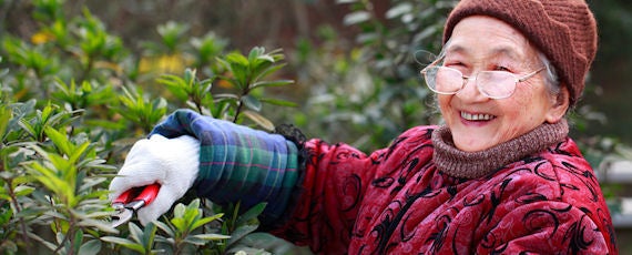 senior female smiling while trimming hedges outdoors