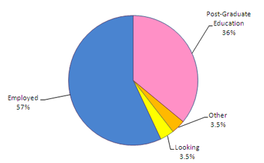 Pie chart showing: 57% Employed, 3.5% Looking, 36% Post-graduate education,  3.5% Other