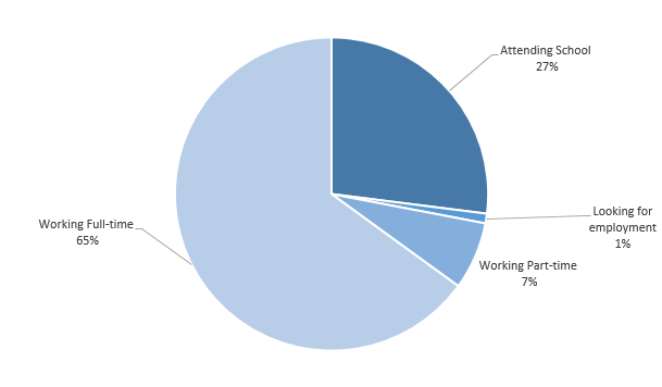 Pie chart showing Recreation and Leisure Class of 2013 pursuits after graduation. Details in text following the chart.