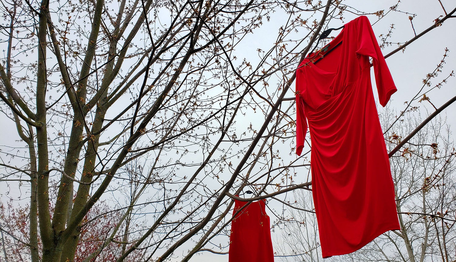 Red dress hanging in tree.