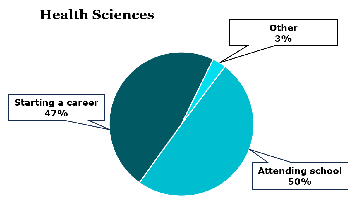 Pie chart showing proportions of Health Sciences grads in a career, studying, or pursuing other interests