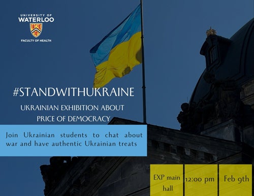 Ukranian Flag flying with text with event details: "Join Ukranian Students to chat about war and have authentic Ukranian treats.