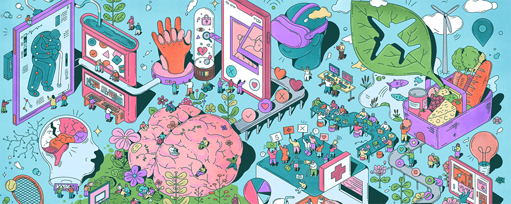 Collage illustration of brain, nutrition, recreation and other health-related symbols.