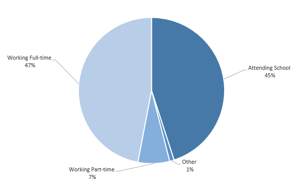 Pie chart showing AHS Class of 2012 pursuits after graduation. The wedges and their percentages are Attending school – 45%, Working full time – 47%, Working part-time – 6%, Looking for employment – 7%, Other – 1%.