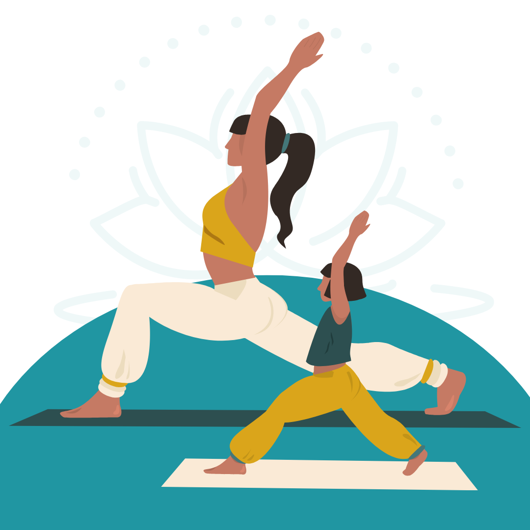 Two cartoon characters lunging on yoga mats