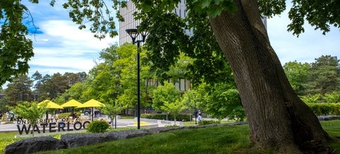 Waterloo sign and Dana Porter Library