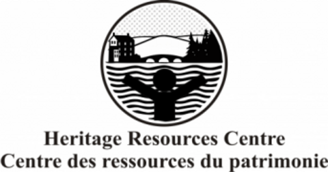 Heritage Resources Centre Logo: Person with arms open with bridge, trees and building in background