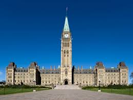 The front of the parliament building in Ottawa, Ontario