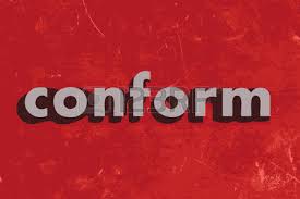 The word "conform" on a red background