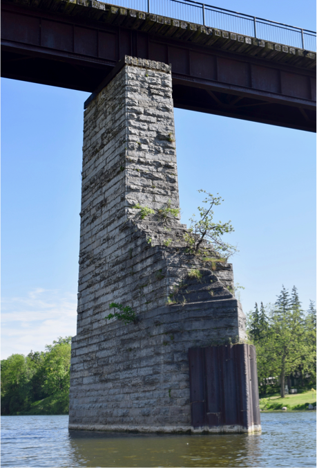 A pier of the Sarnia Bridge from the water