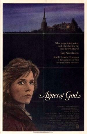 A movie poster of the movie Agnes of God directed by Norman Jewison with an illustrated woman and church in the background