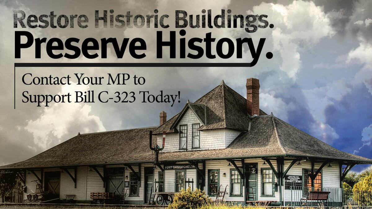A building called "Fort Saskatchewan" with words supporting history preservation and Bill C-323