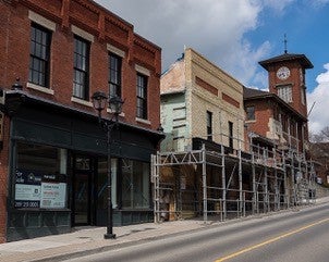 The Forrest buildings under restoration; work has yet to begin on the “new” Simpson Building