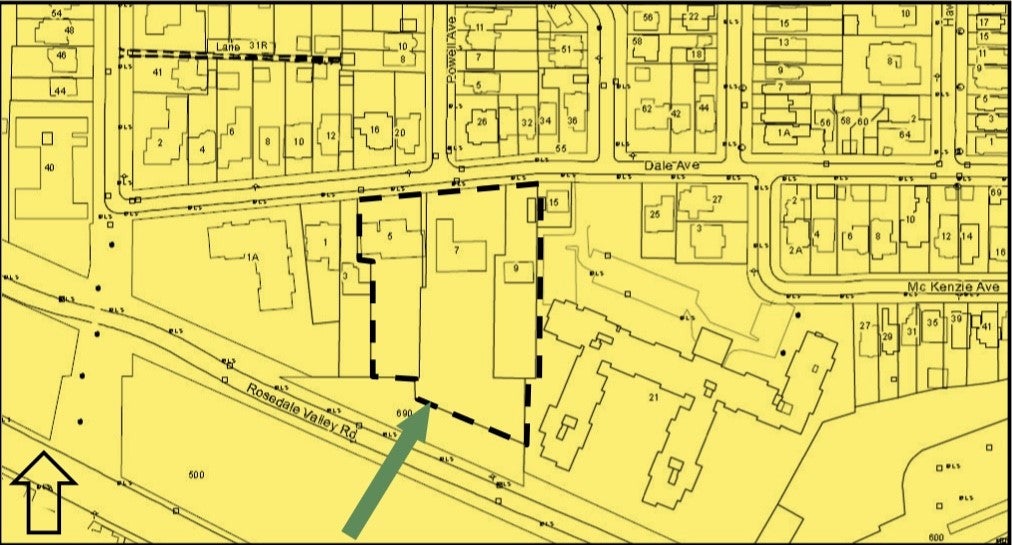 A partial plan of South Rosedale showing the three properties in question