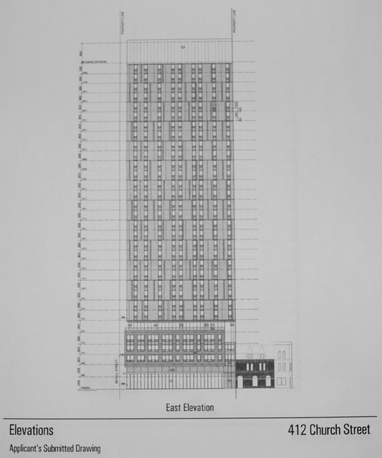 A sketch of the East Elevations for a 32-storey apartment building at 412 church