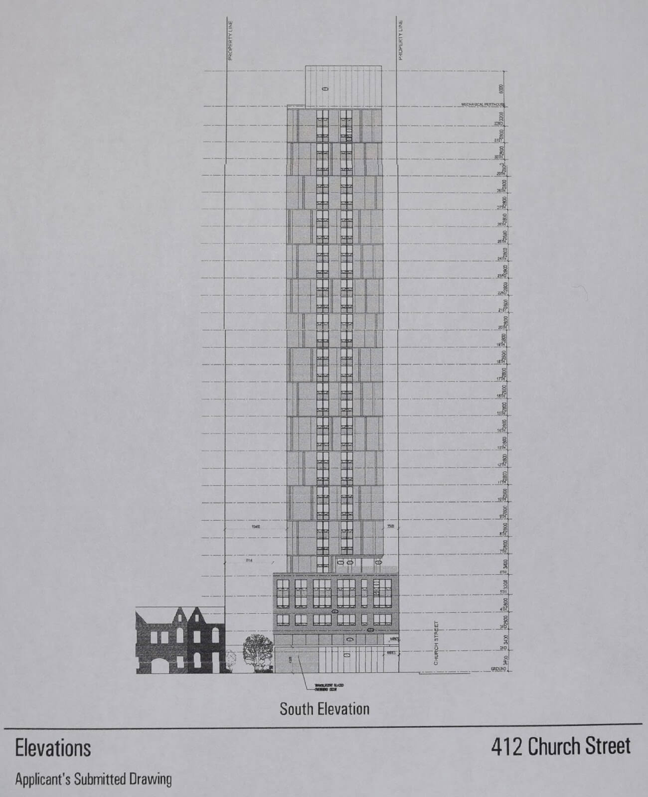 A sketch of the South Elevations for a 32-storey apartment building at 412 church