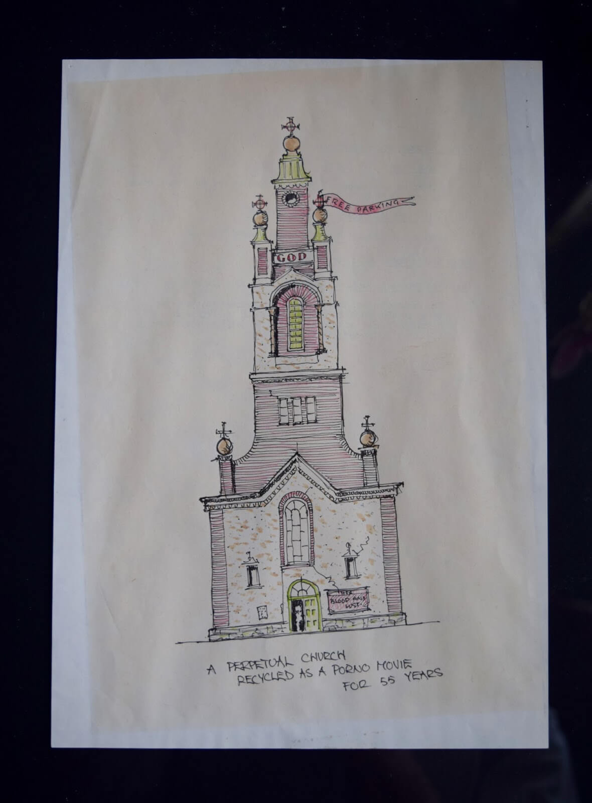 A colourful sketch of a church.