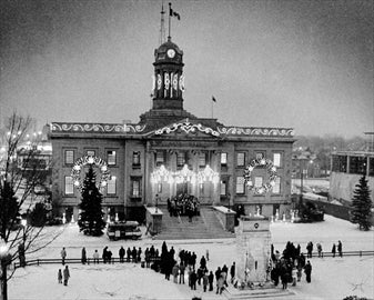 The old Kitchener town hall in black and white.