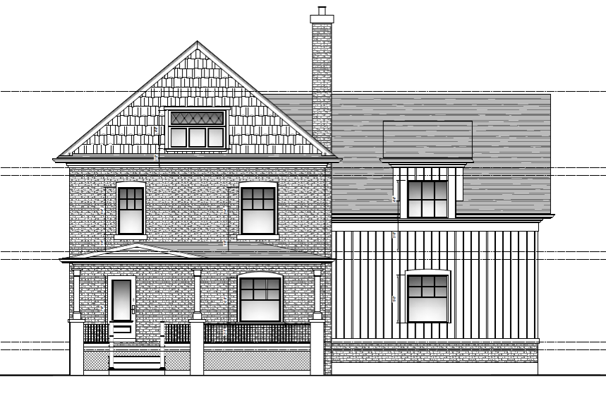 Front elevation drawing showing restored front porch and new side addition