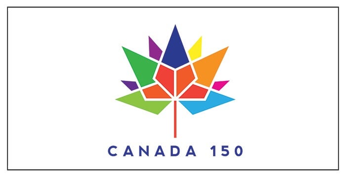 Canada 150 anniversary logo with colourful maple leaf