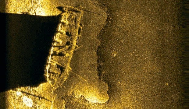 A sidescan sonar image of the Hamilston ship on the lakebed