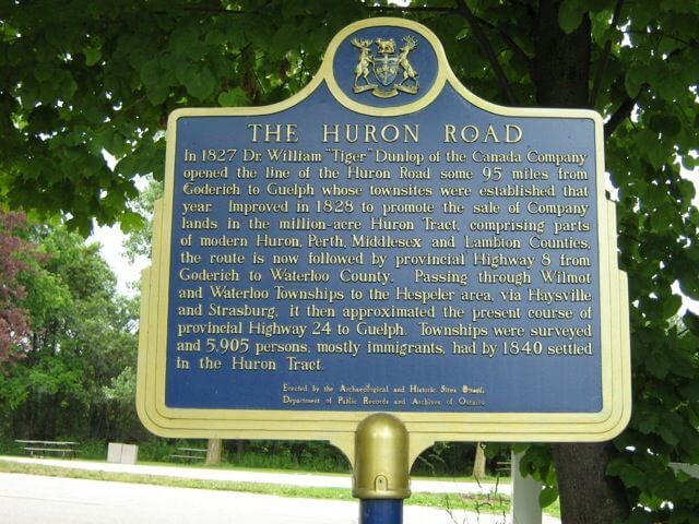 A plaque in Stratford explaining the history of the Huron Road