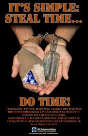 A poster-style image of hands holding artifacts while cuffed in handcuffs promoting the regulation of archaeologists working with licences