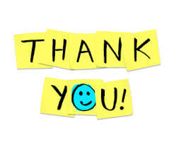 An illustration of the words "Thank You" on yellow sticky notes with a blue smiley face as the "O" in "you"