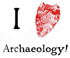 An illustration of the words "I love Archaeology!" but the heart, in the shape of a real heart, made of a drawing of mountains