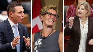 A collection of three photographs, one on the left of politician Patrick Brown speaking, Centre image of Kathleen Wynne smiling in front of the Canadian flag, and Right image of Andrea Horwatch speaking