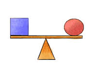 A balanced seesaw with a blue cube on the left and a red ball on the right.