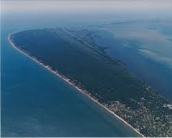 An aerial image of Rondeau Provincial Park surrounded by water