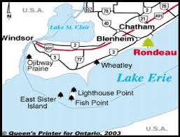A map showing Rondeau park, Chatham, Blenheim, Windsor, Ojibway Prairie, East Sister Island, Lighthouse Point, and Fish Point around Lake Erie