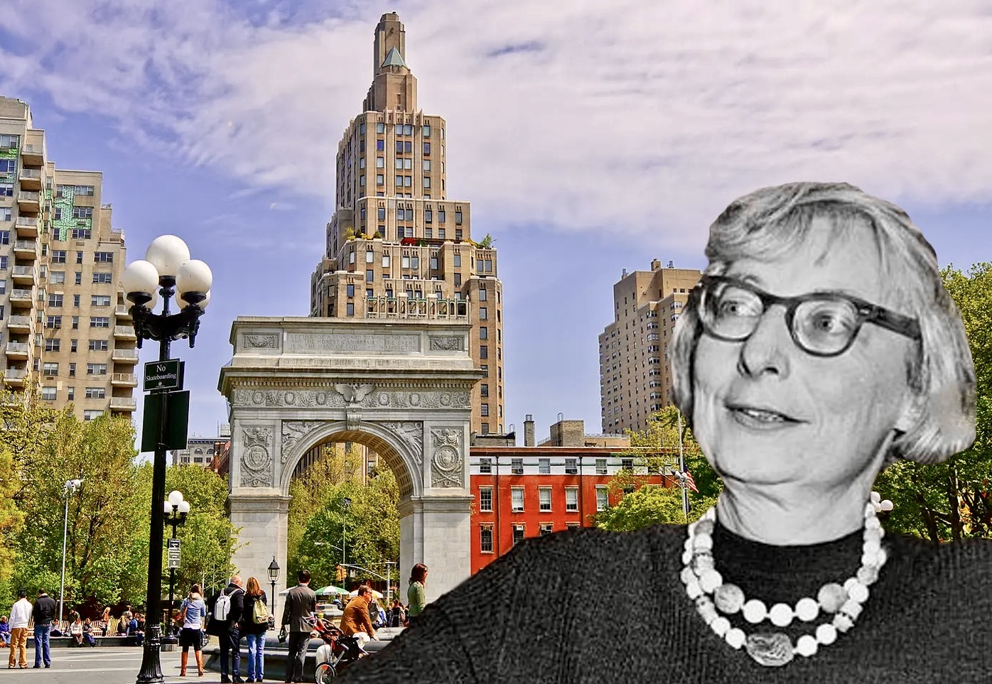 Jane Jacobs against a background of Washington Square in Greenwich Village.