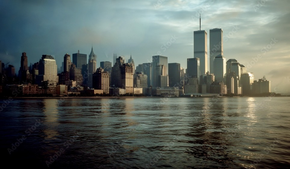Lower Manhattan looking southeast from the Hudson River.