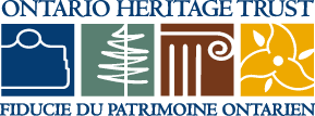 Ontario Heritage Trust logo with title and four icons including a blue plaque, a green tree symbol, a column symbol, and a trillium symbol