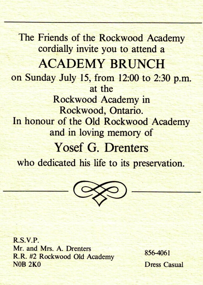 An image of an invitation reading: The friends of the Rockwood Academy cordially invite you to attend a Academy Brunch...