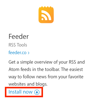 Feeder extension with the "Install now" link.