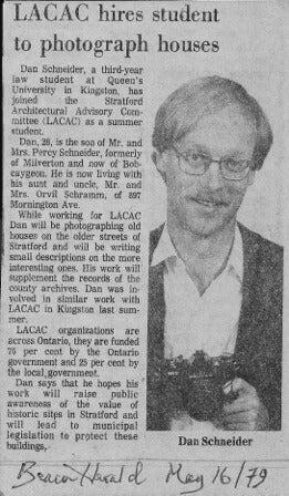 A newspaper clipping from 1979 written about Daniel Schneider joining the Stratford Architectural Advisory Committee as a summer student accompanied by a picture of Daniel Schneider