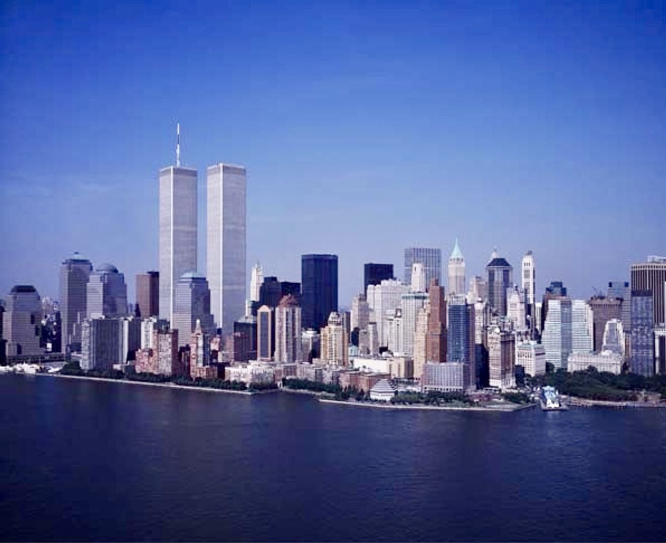 The World Trade Center and Lower Manhattan looking southwest from the East River