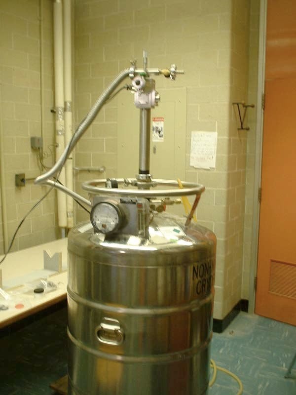 Cryostat inserted in transport dewar.