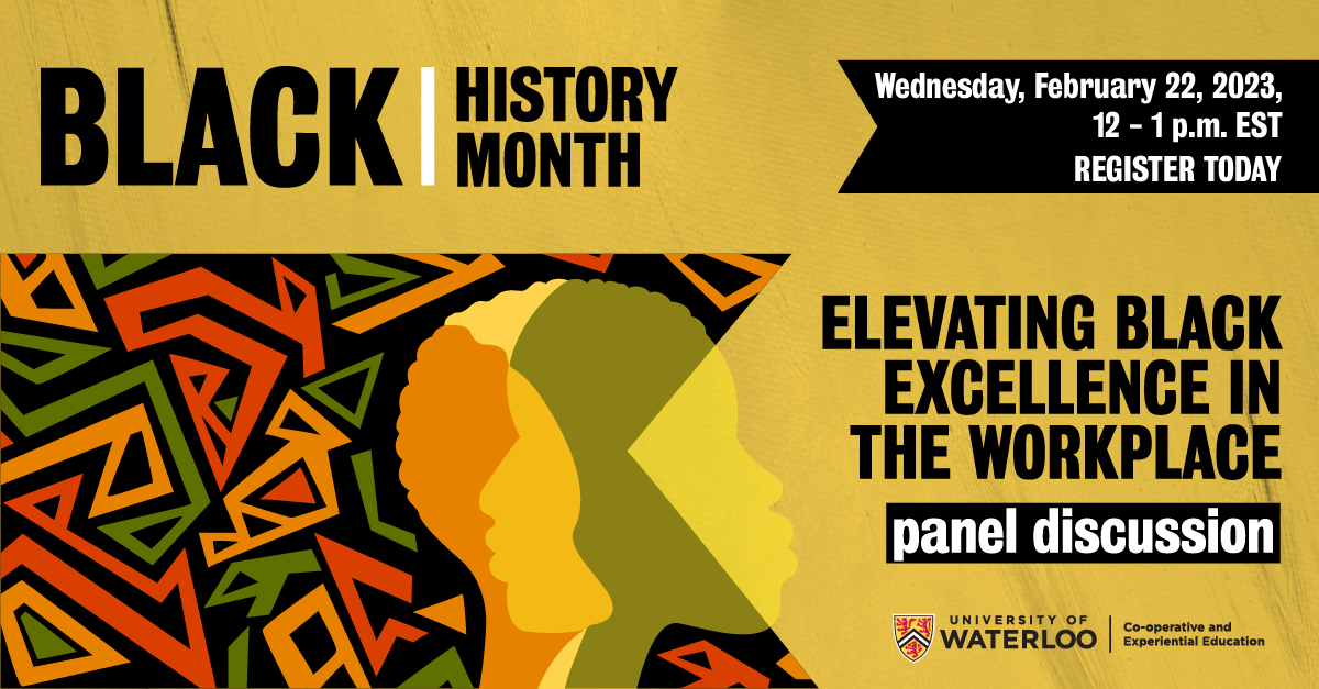Yellow Image with African inspired design. Text says Black history month panel discussion. 