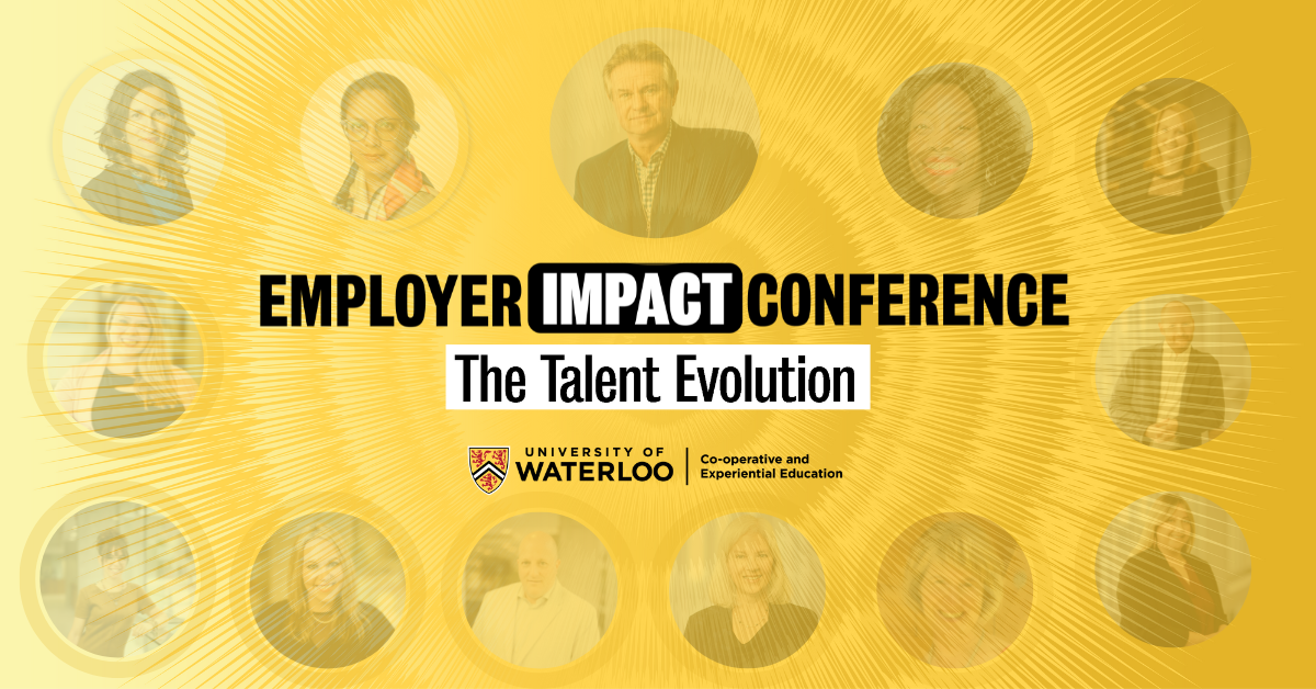 Yellow background with headshots of speakers at the Employer Impact Conference.