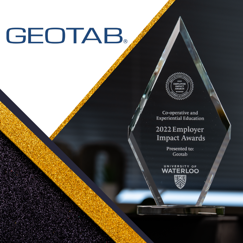 Employer Impact Award diamond shaped glass trophy and the Geotab logo
